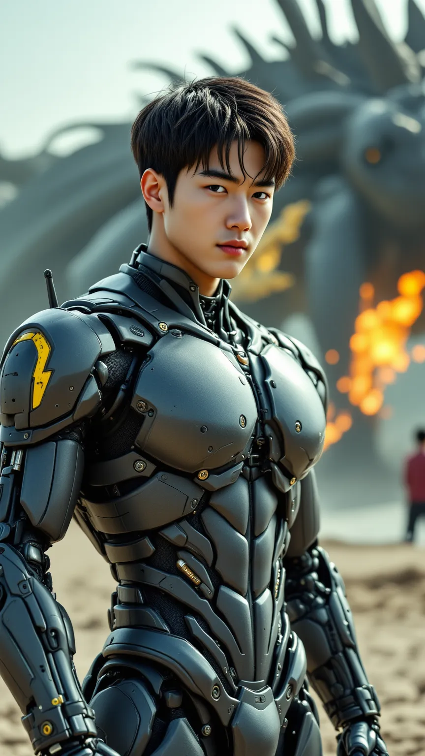 （2 185cm Korean handsome male star high school student bionic robots fight with a giant dragon），(Chest Full )，（STEREO ABDOMINAL MUSCLE），（ delicate cute face ），（Fragmented cap hairstyle）， inverted triangle body ，Five-Toe ， five fingers，Crotch Full of Detail...