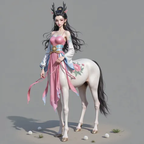 1Centaur Girl, panoramic shot of a young woman wearing a gold medal from the Ming dynasty. The large overhead footage froze the horse's jump mid-stage,Full leg stretch , its mane and the girl's flowing ribbon flow backwards. exquisite peony embroidery clev...