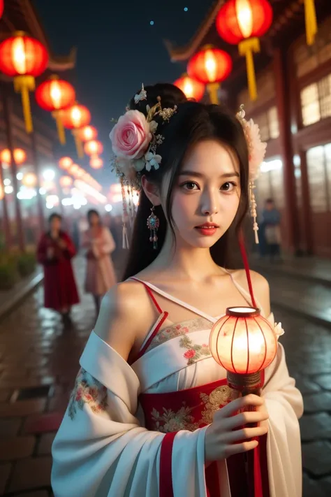 hand_, 1 girl,  lantern, hair ornaments close to the garden, flower,  Hair Flower, paper  lantern,   black hair,  red lips, viewers, Chinese clothes, holding,  dress, is blurry, solo focus,  long hair,  dark eyes, realistic,  shoulder out, white  dress, li...