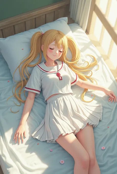 anime Japanese girl, school uniform, double ponytail, blonde, high heel, unconscious, eye closed, fainted, white stockings