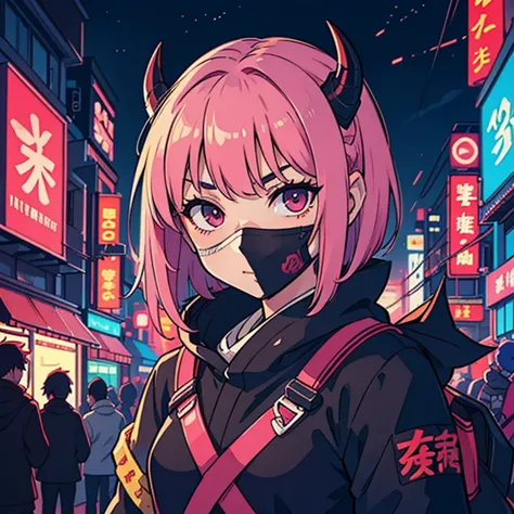 Cyberpunk, anime, very beautiful girl, kunoichi, shinobi, ninja, ninja girl, katana, pink hair, demon mask, oni, Japanese mask, Japanese demon mask on the face, night, neon light, short haircut
