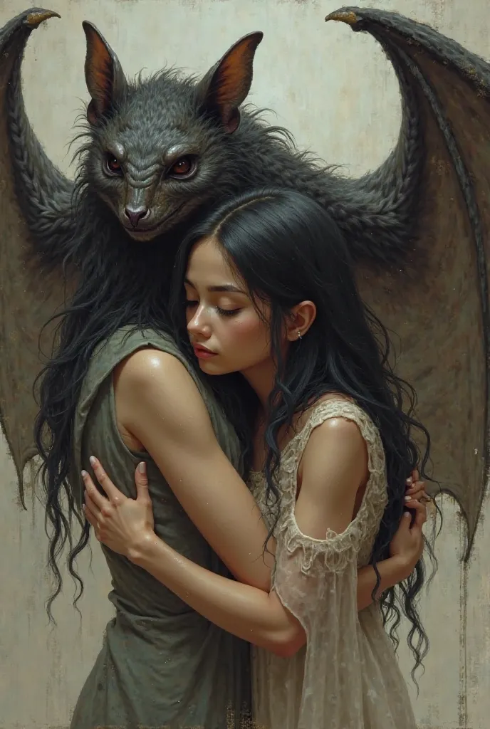 Generates an image of a girl with light brown skin, with long straight black hair , fringed and with closed eyes embracing a bat with long wings, painting style. 