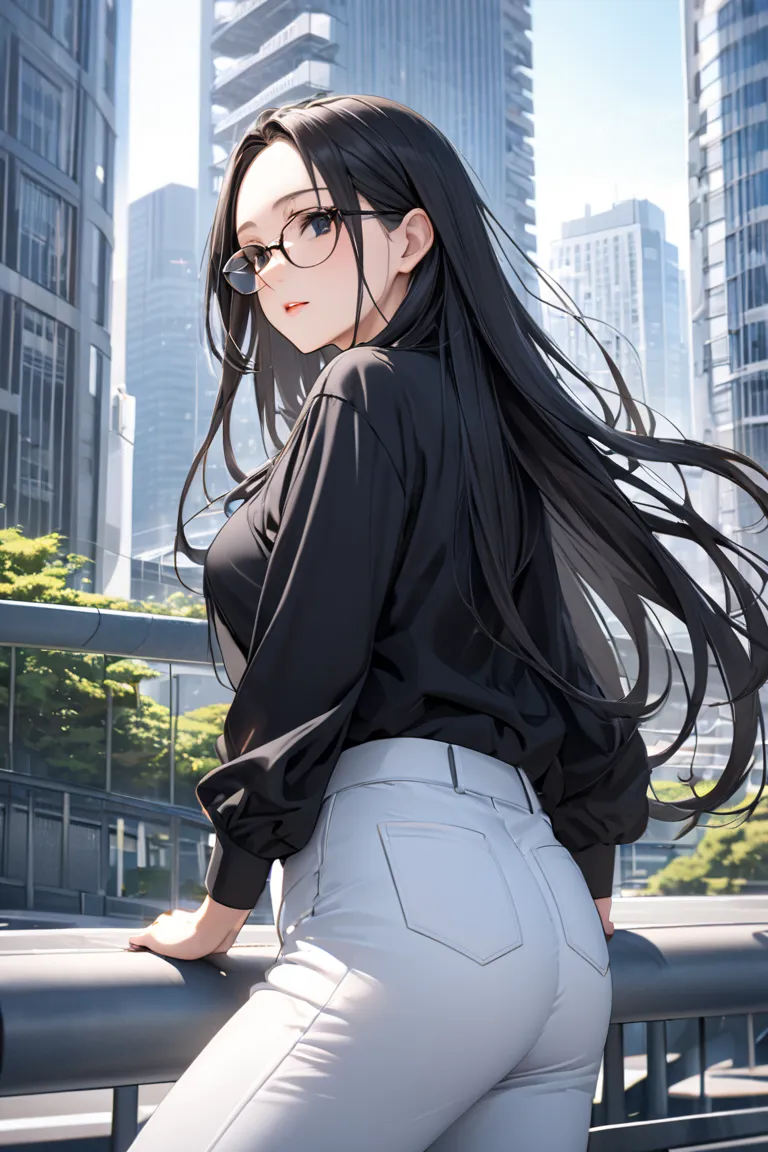 best quality, soft , super detail,  beautiful , 8k, 1 girl , long hair, black hair, outdoor, bright,  clear sky,  mature women, long hair, forehead, Black Eyes, glasses,  black clothes , white pants, in Tokyo city building