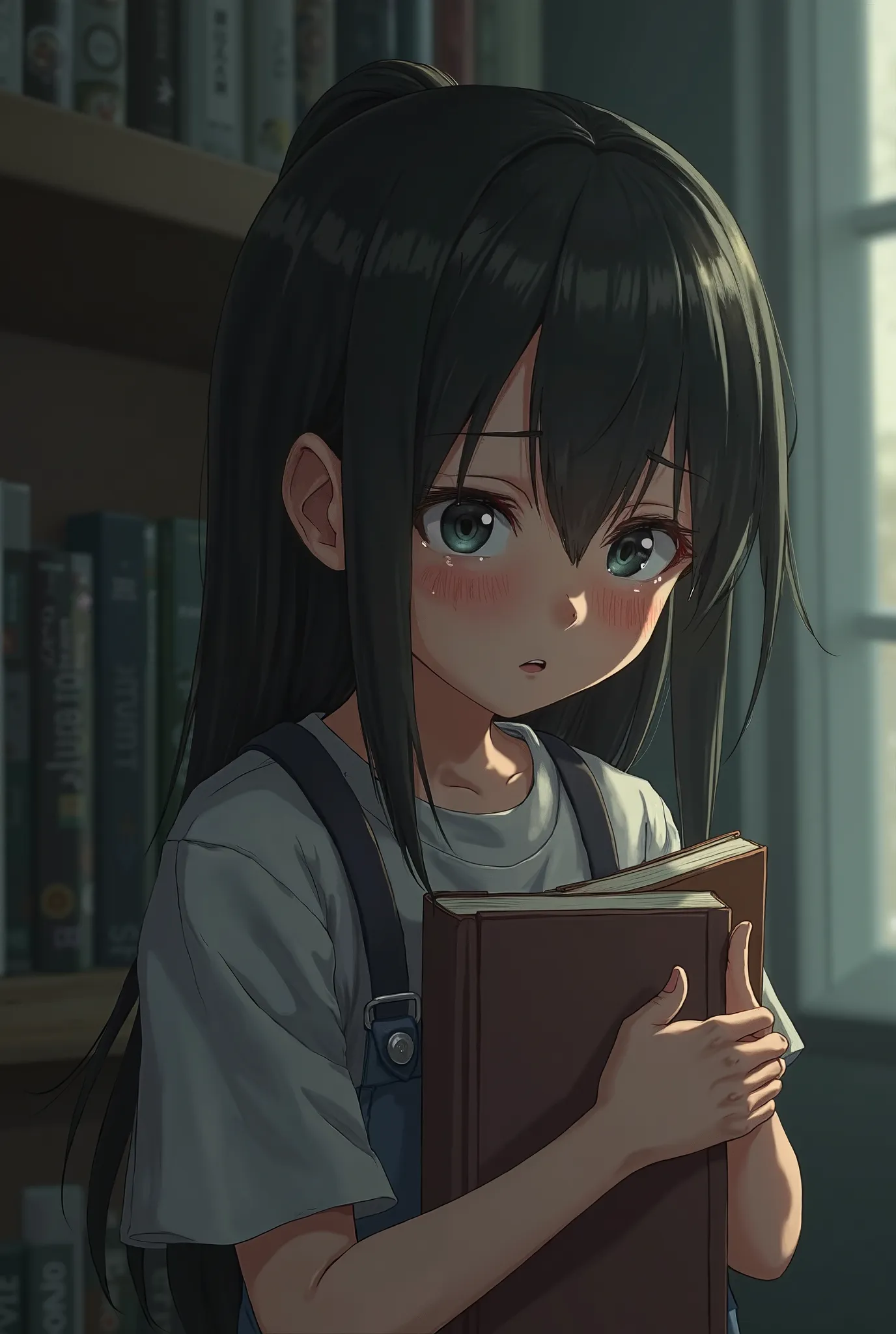 A middle school girl holding a book is crying quietly