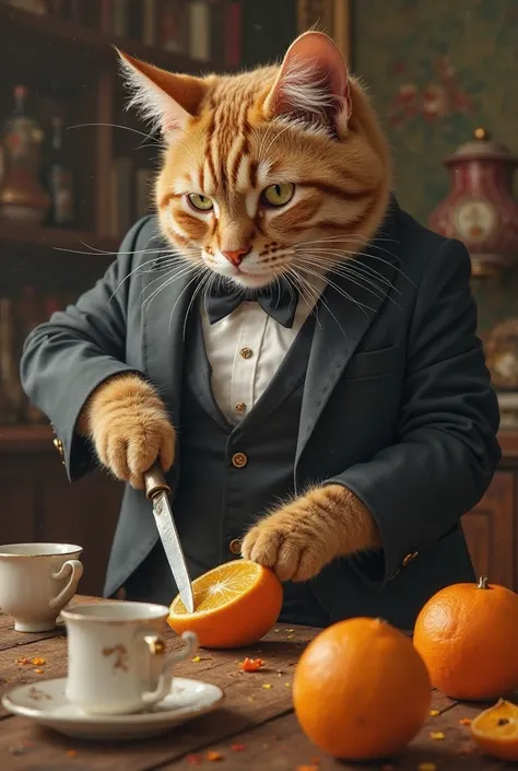 A cat cutting orange and wearing a suit