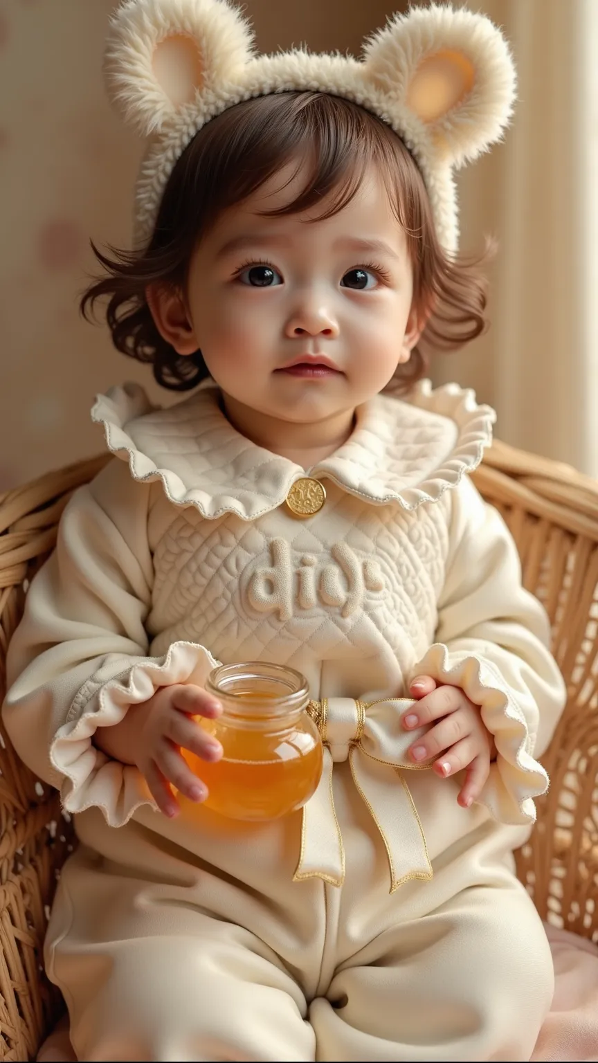 Subject Description（weight ratio 60%）
[Baby in dior Couture]
(photorealistic 16-month-old caucasian baby:1.3),
porcelain skin with (subsurface scattering effect:1.2),
(silk-soft brown curls with honey-toned highlights:1.1),
(crystal-clear blue eyes reflect...