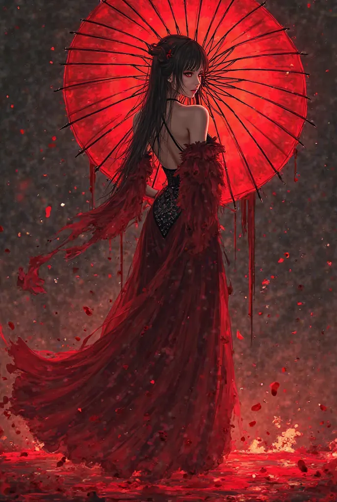 a woman holding a red umbrella standing in a puddle of blood, very sexy devil outfit, full dress of lava showcase, fuschia skin, single character full body, mafia background hyper detailed, clear outfit design, splash art anime loli, interesting character ...