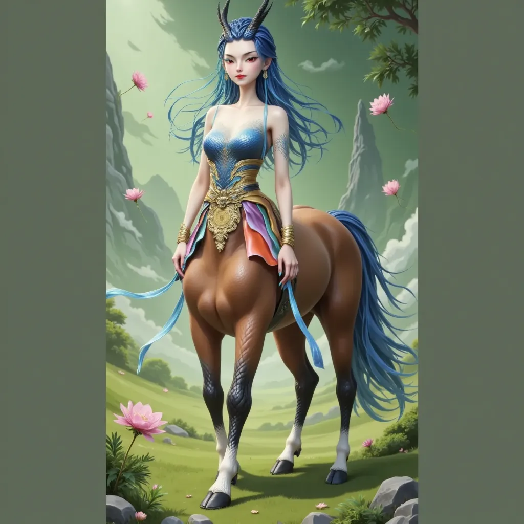 1Centaur Girl, panoramic shot of a young woman wearing a gold medal from the Ming dynasty. The large overhead footage froze the horse's jump mid-stage，Full leg stretch , its mane and the girl's flowing ribbon flow backwards. exquisite peony embroidery clev...