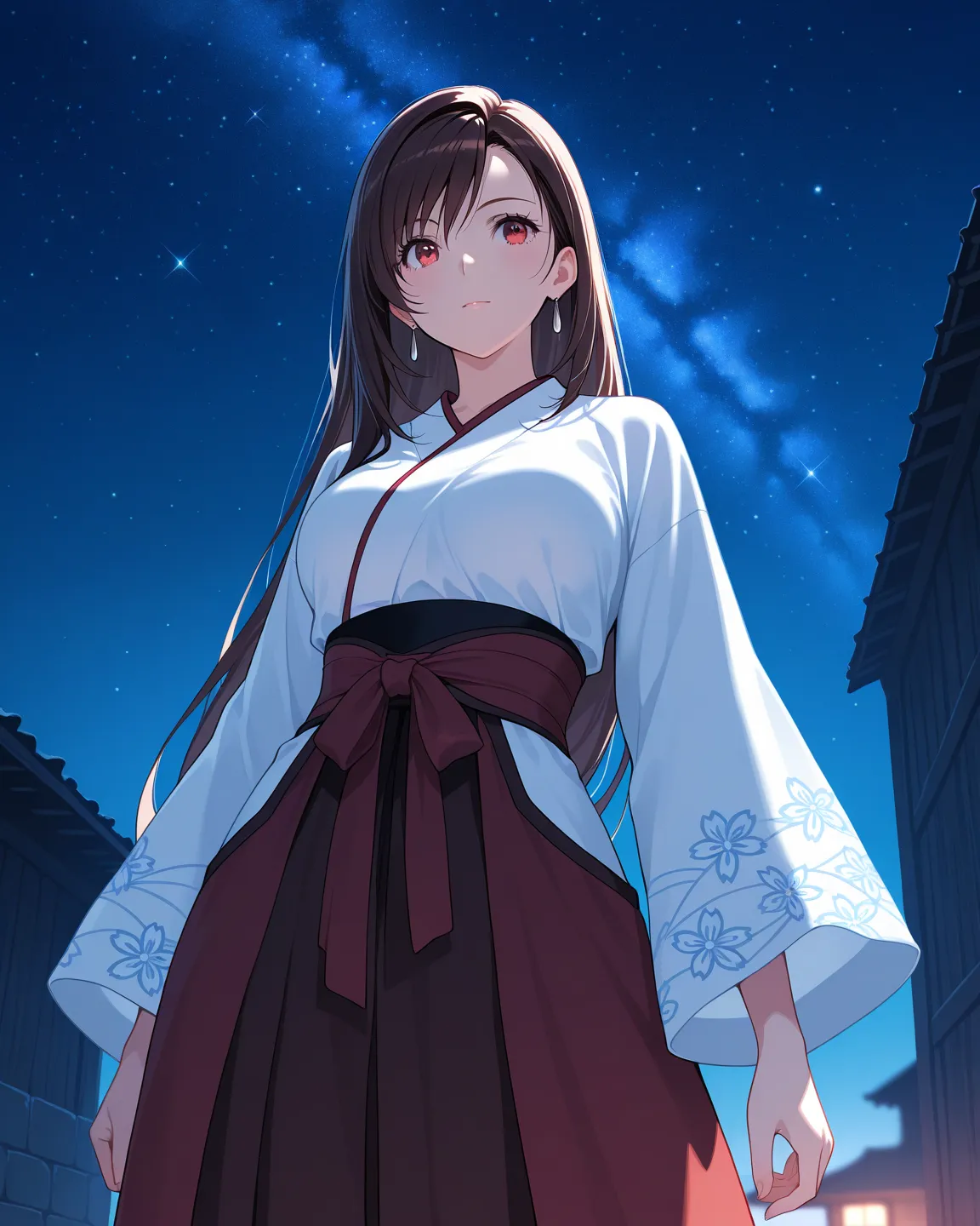 1 girl, solo, masterpiece, best quality, ultra detailed, outdoor, night, starry sky, BREAK, tifa lockhart, BREAK, mizuki yukikaze clothes,