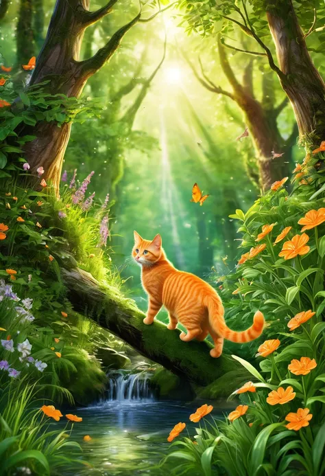 orange cat hunting, in magical forest