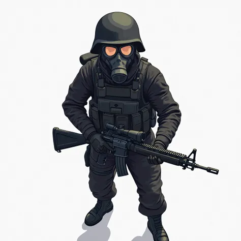 Create a top-down view illustration of a soldier dressed entirely in black, wearing a helmet with a gas mask. The perspective should emphasize a large head and a smaller body, maintaining a stylized yet recognizable look. The soldier should be holding a ri...