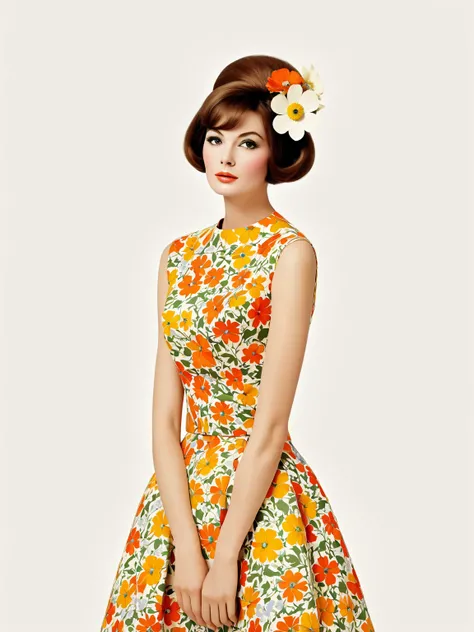 simple background, Highest quality, masterpiece, 1960‘s, 60's fashion,Flower 1 woman, 