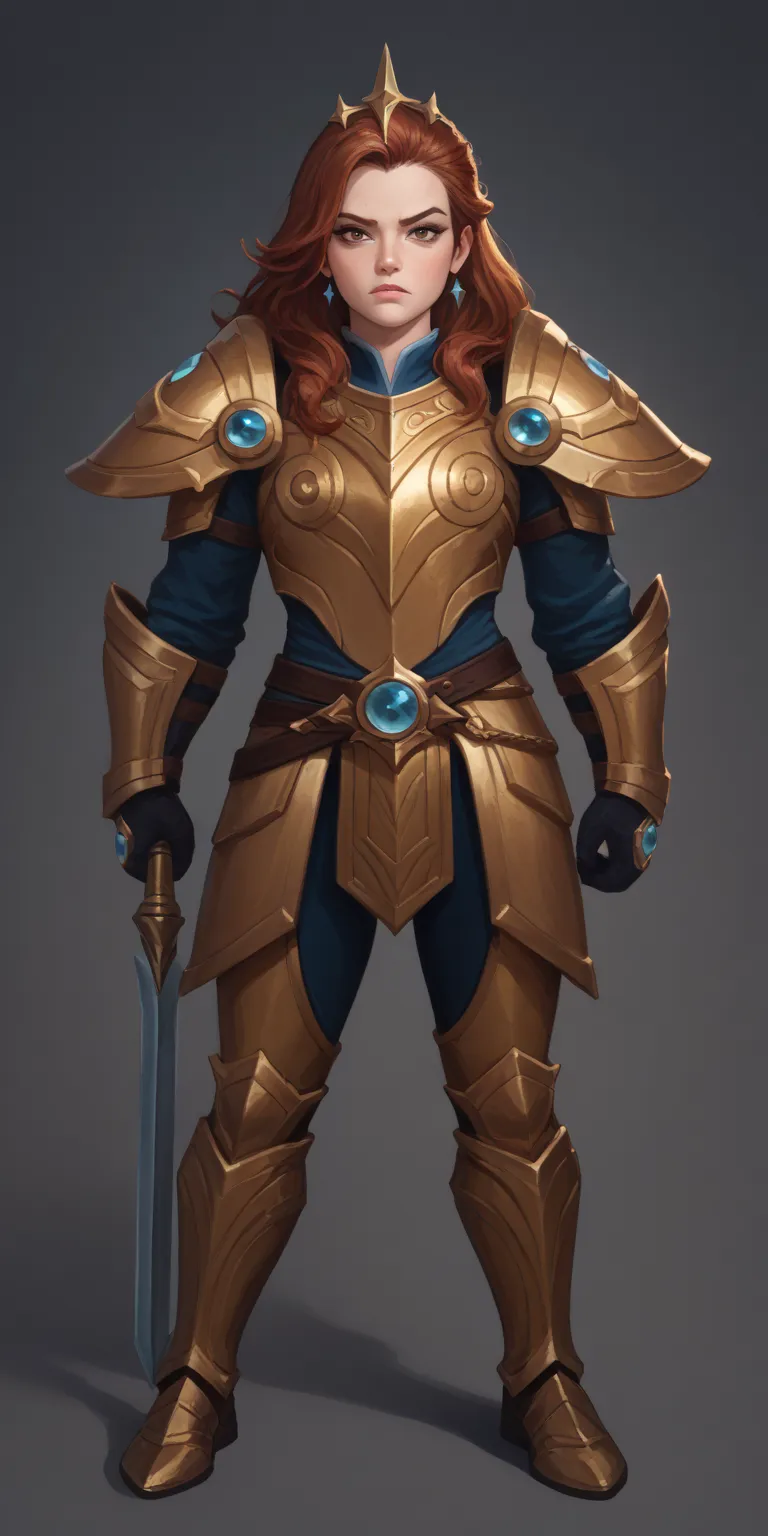 league of legends Leona , golden armor, full body, stand, brown eyes, brown hair, serious face, 