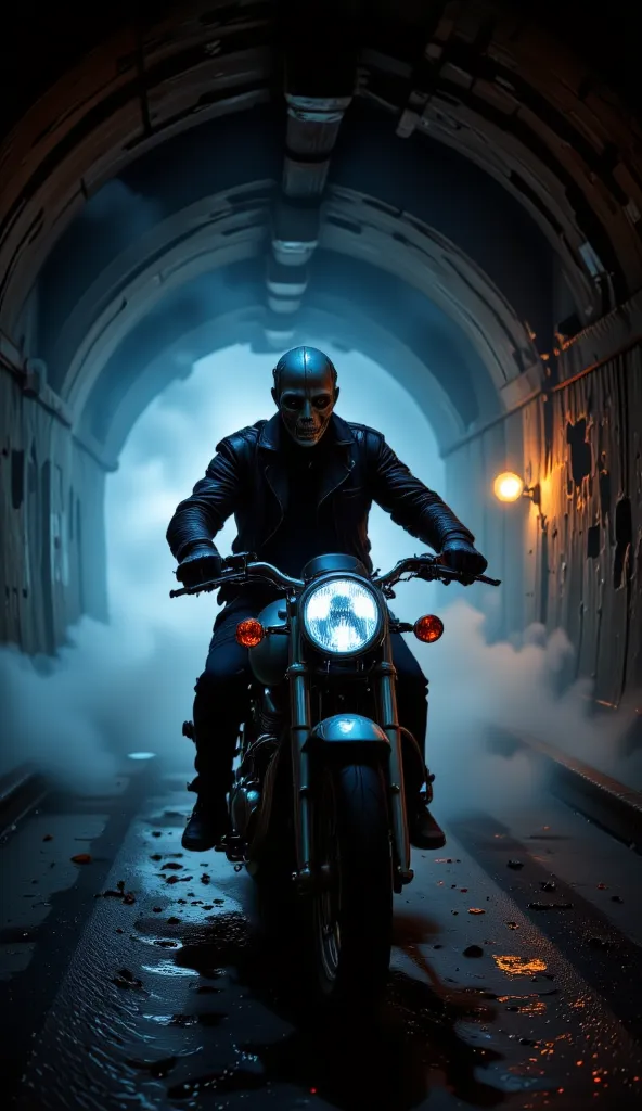 A headless ghost rider on a motorcycle inside a dark tunnel, surrounded by thick fog. The tunnel walls are old and worn, with eerie dim lights casting long shadows. The ghostly rider wears a tattered leather jacket and grips the handlebars firmly. The moto...