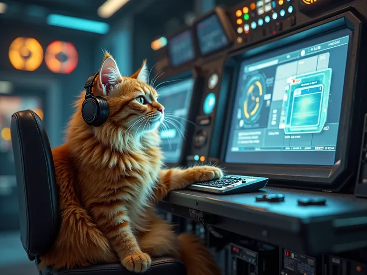 A fluffy orange cat with a joyful expression, sitting in a high-tech secret mobile command center, like in Mission Impossible movies. The cat is wearing headphones and operating a remote control while looking at a large futuristic screen. On the screen, a ...