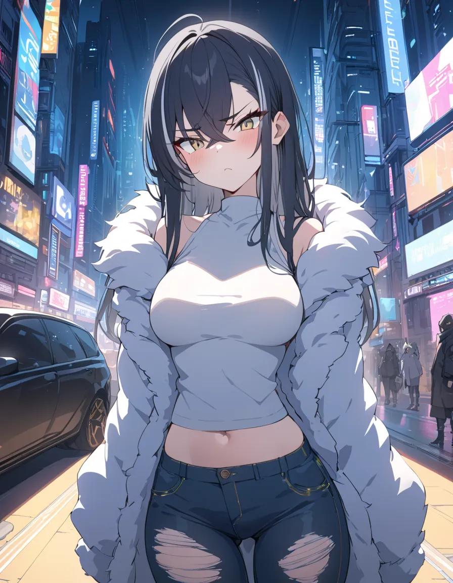 Highest quality, masterpiece,high resolution,1girl  ,alone,annoyed,gripping iron pipe,black hair, (highlights hair,gray  streaked hair),crossed bangs,((fur coat)),short sleeved shirt,ripped jeans,cyberpunk,Cybercity,Gang girls,cool