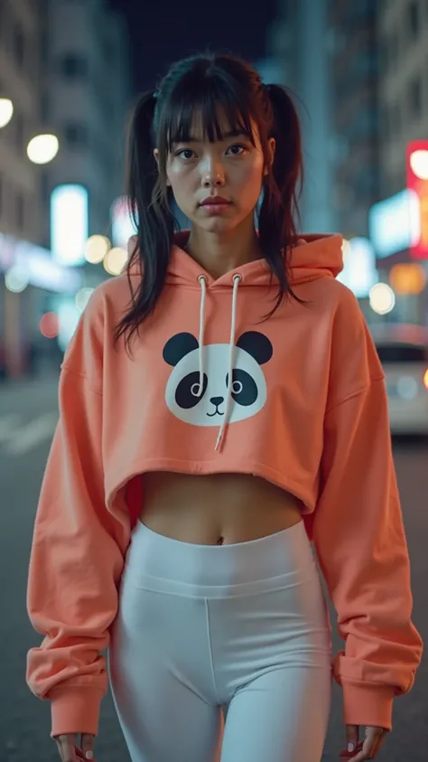 Marinette Dupain-Cheng  in a stylish,  cropped,  light-coral short hoodie with a graphic design of a cartoon panda.  The hoodie is short, revealing her breast. Her breast are partial visibele under the hoodie White leggings, form-fitting, accentuate her ph...