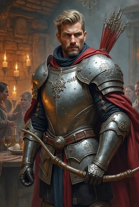 male human fantasy art beautiful, archer, holding a bow, using a silver breastplate heavy armor, tavern background