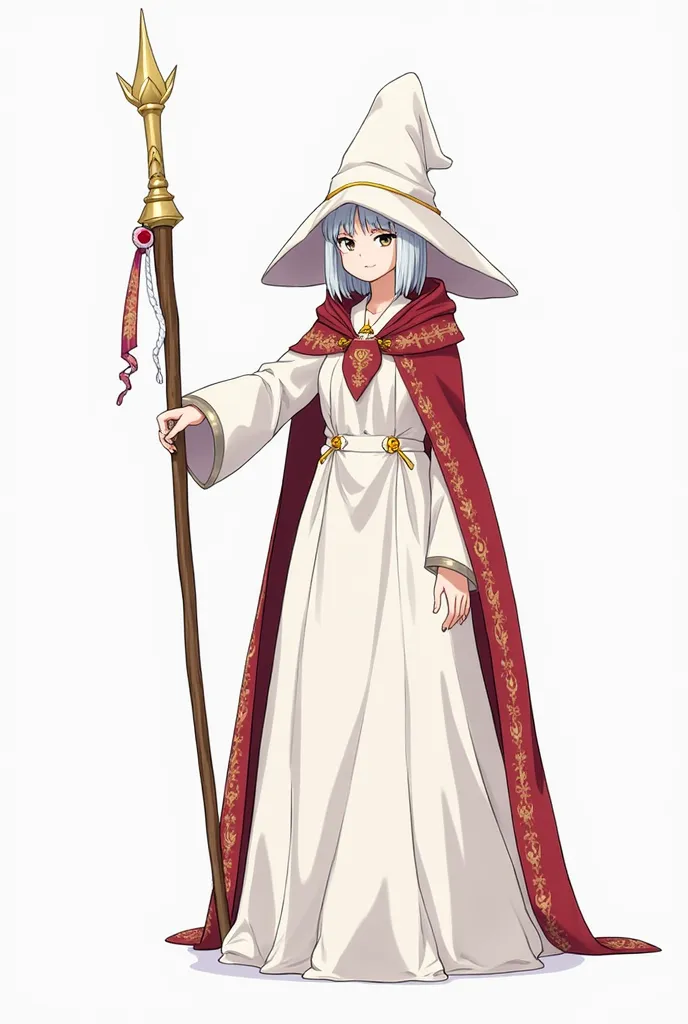 Anime

Elfa: Livit Krints 

Gênero:  Feminine

Height : 1,35

Age: s

Features/clothes: long white dress with a red cape embroidered in gold, a pointed wizard hat white,  white skin, eyes firm and cold, soft mouth, short white hair, pointy ears, wooden sta...