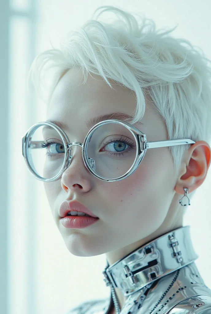 A young albino modeling with futuristic clothes and modern glasses.