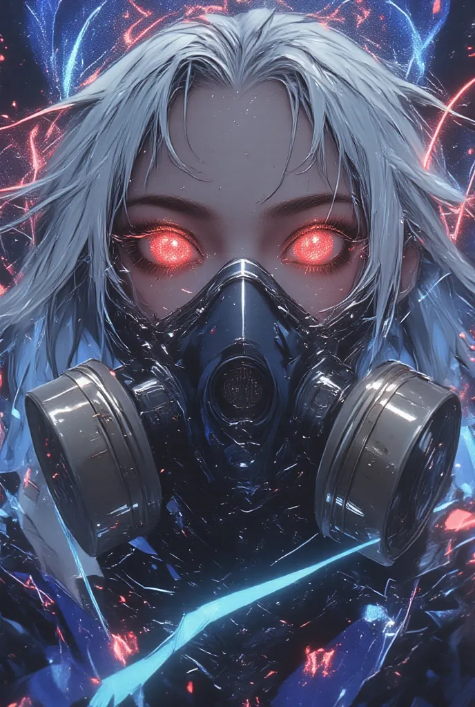 vibrant colors, blue and grey colors, colorful disruptive background, masterpiece, japanese woman wearing gas mask with detailed red eyes, long white messy hair, 