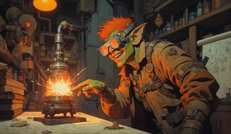 A Young and Energetic goblin tinkerer, a genius inventor who builds contraptions from scrap and junk. He wears welding goggles over his eyes, the lenses reflecting the fiery glow of his latest creation—an unstable, crackling explosive device emitting brigh...