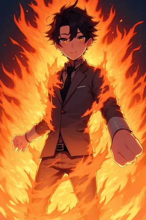 [  black hair,  拳を立てている, suit,Man Wrapped in Fire ,  Fire Burns Behind Him ,  Detailed Anime Digital Art , Nagito Komaeda, was engulfed in flames  ,  Holy Fire Spell ,   Gojo Satoru-esque handsome face with fist raised ,  hair like fire , Jan J,  Crown of ...