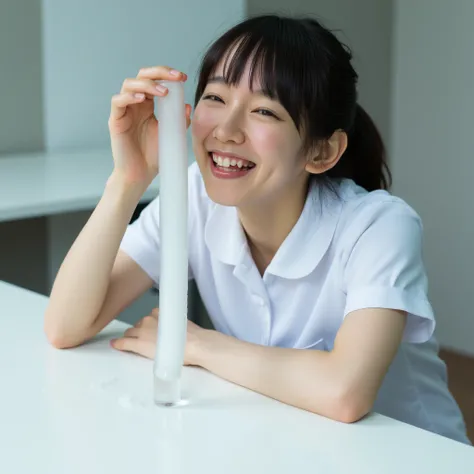 photographs,japanese girl ,20 years old,medium hair,150cm tall,nurse,(one vertical sausage shape smooth transparent ice on the table:1.3),lapping ice,(holding mouth ice and hand holding:1.5),(tongue out:0.9),bent over,embrassed smile