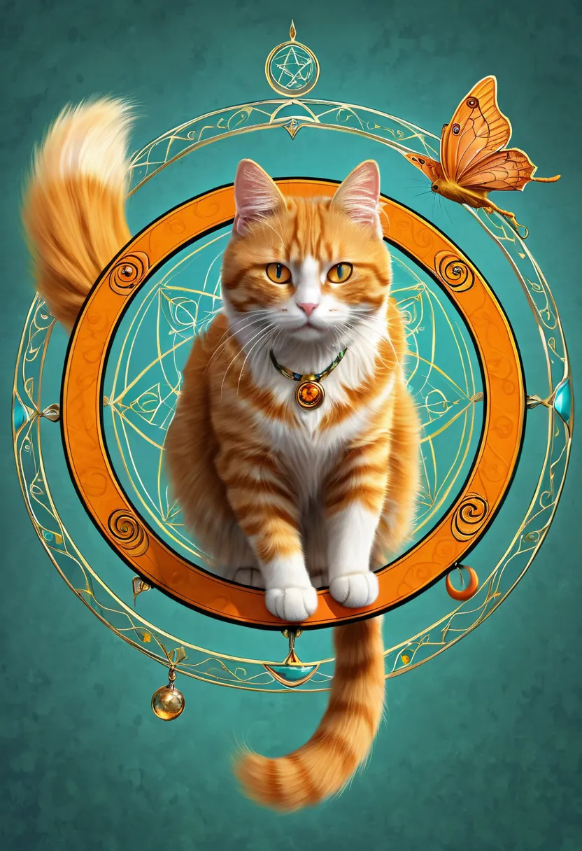 orange cat flying with magic circle sigil