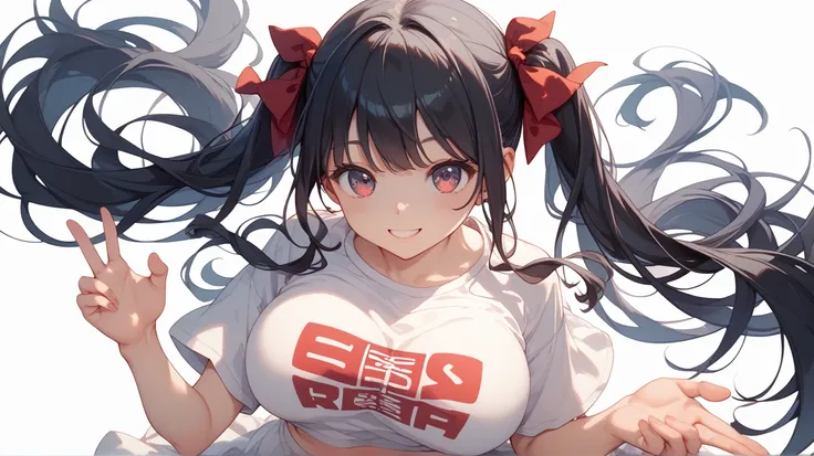 1 girl、cute、younger sister、 black hair long hair、simple background、 elementary school student、Big Breasts、fine、 has red cheeks、smile、Navel、oversized shirt、from above、 shake hands、bye bye、Double Twintails