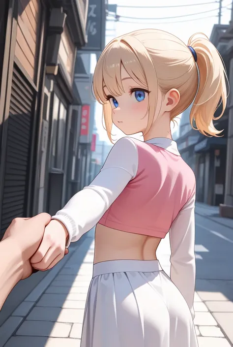 "young white girl, slim body, blonde ponytail, blue eyes, doe eyes, small tits, medium ass. Wearing a short white skirt, pink crop top with white long sleeves." "Street background" POV