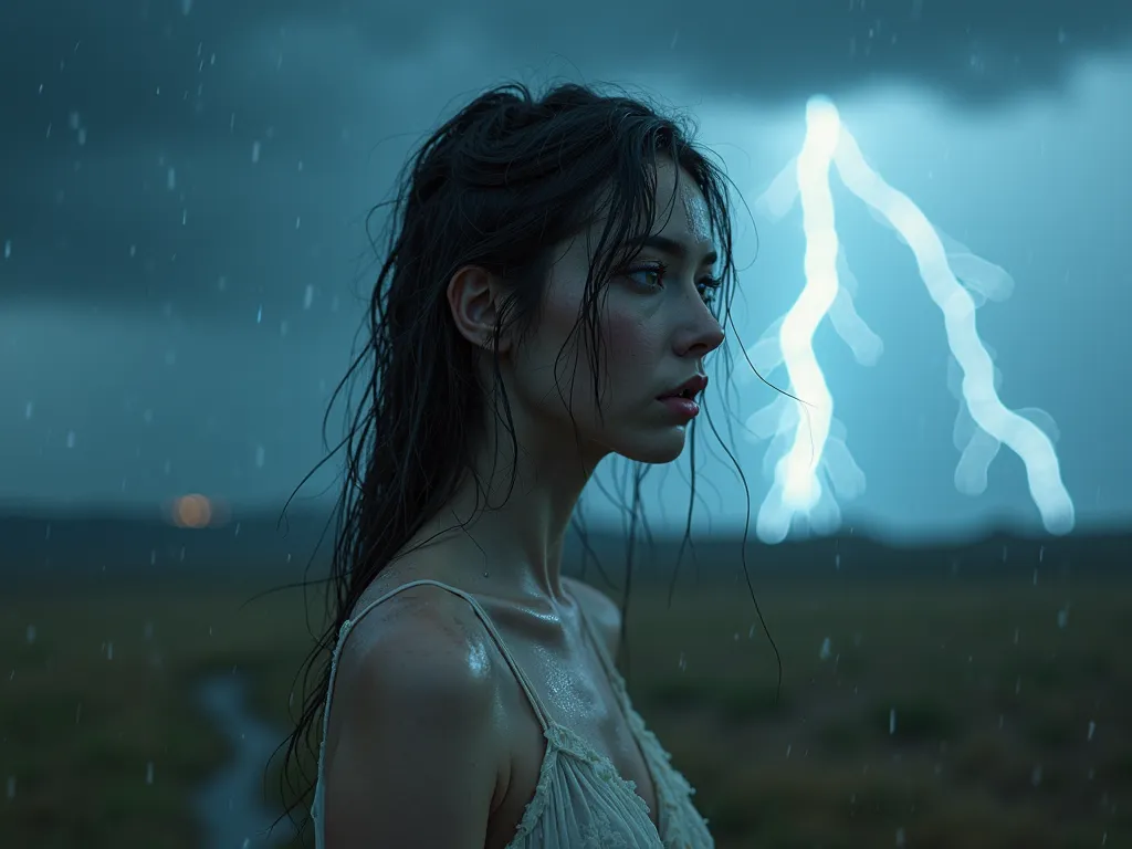 A hyper-realistic, cinematic depiction of 'The Delicate Sound of Thunder.' A breathtaking young Caucasian woman stands as the central focus, drenched from the wind and rain. Her soaked hair clings to her porcelain skin, droplets tracing down her cheeks lik...