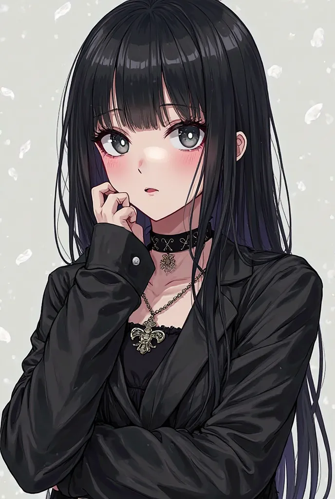 Sleeve-type girl with long straight straight black hair with straight bangs and gray eyes.Pose as for profile picture and goth-style clothing/rockstar .With a lively style but not so much,As if it were a fanart cartoon