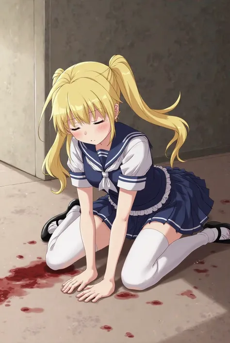 anime Japanese girl, school uniform, double ponytail, blonde, high heel shoes, unconscious, eye closed, fainted, white stockings, hurt on ground, bleeding, eyes closed, on floor, knocked out, on ground, knocked out, mouth closed, limp