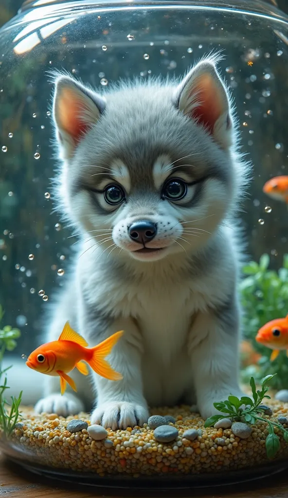 *" An ultra-realistic wolf cub , with fluffy and soft fur in shades of gray and white, inside a round crystalline glass aquarium. Your large and curious eyes sparkle as you observe the little goldfish that swim around you, reflecting golden light on the wa...