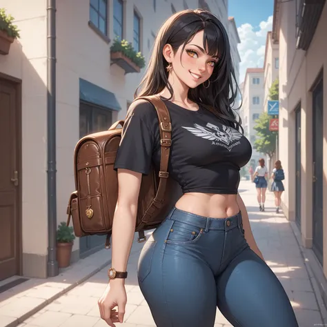  A girl with long hair , black hair, Brown Leather, medium breasts, small waist, big thighs, Wear long jeans,  a black t-shirt,  a backpack on her back , in the background of a school corridor,  amber eyes,  smile, open-mouthed armor, blush, 