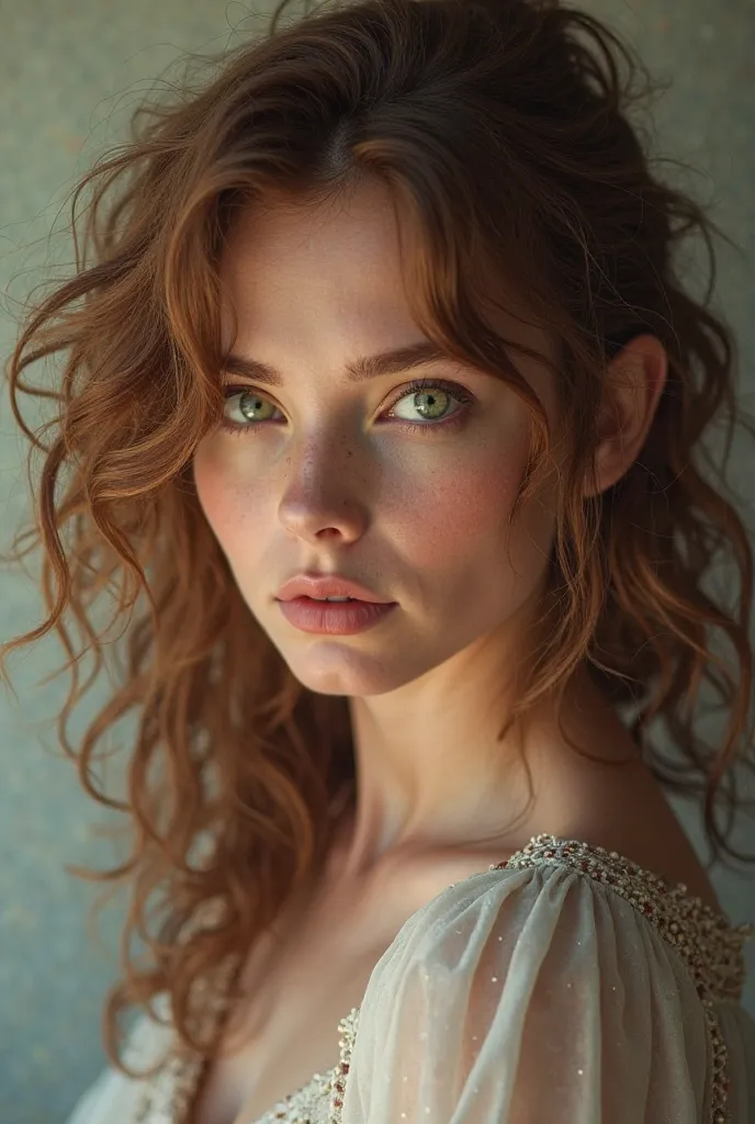 A realistic woman with curly hair tall with green eyes 
