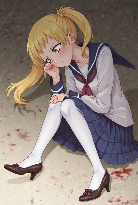 anime Japanese girl, school uniform, double ponytail, blonde, high heel shoes, unconscious, eye closed, fainted, white stockings, hurt on ground, bleeding, eyes closed, on floor, knocked out, on ground, knocked out, mouth closed, limp