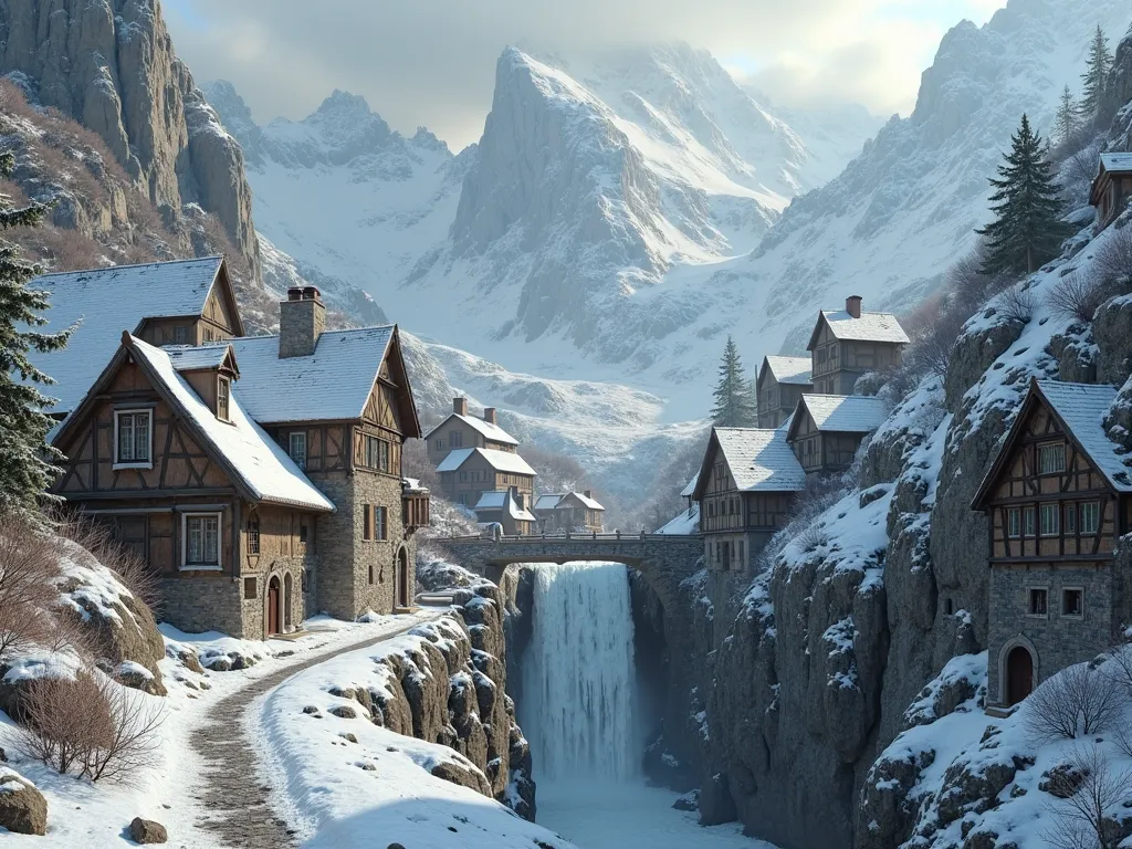 An ancient village under the snow in the mountains , Pyrenees photo realistic year 1800 frozen waterfall 