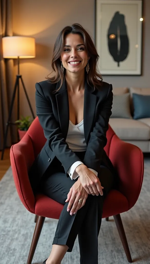 A smiling brunette businesswoman is sitting on a red chair, dressed in a black suit. The composition of the image is simple and focused on the woman. She is sitting in a medium shot, taking up most of the frame, with her body facing the camera. The backgro...