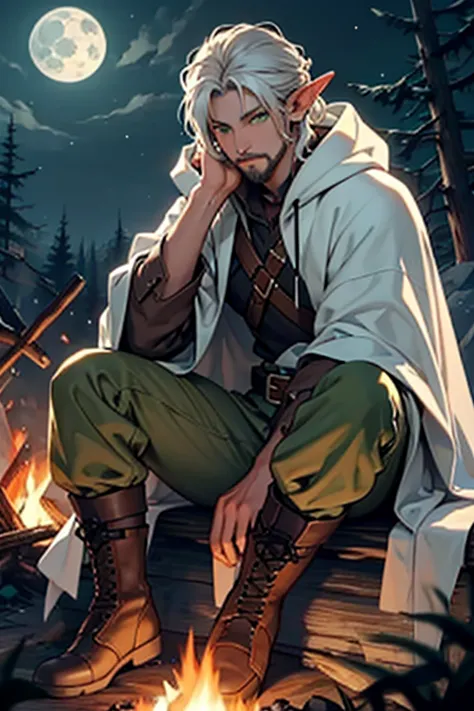 long fluffy white-haired elf , green eyes ,  medieval clothing , Pointed ears ,  under the moonlight  , wearing a small white beard , a bow , hooded by a green cape ,  a scar on the left eye , sitting on a campfire , the appearance of a survivor, brown boo...