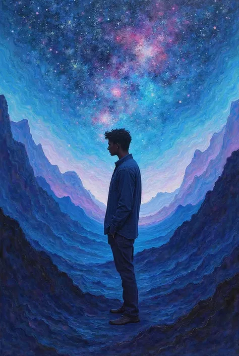 A human figure silhouette, unisex, in an abstract landscape of undulating mountains in shades of blue and purple, with a kaleidoscopic sky and twinkling stars, surrealist style with expressive brushstrokes.