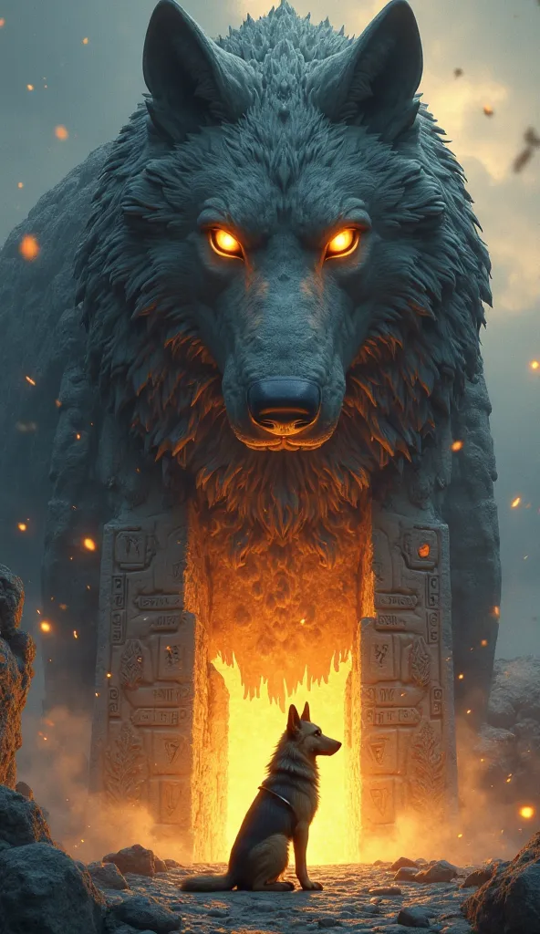 "A dramatic 3D cartoon-style image of a massive stone statue of a legendary wolf warrior beginning to crack, revealing glowing golden eyes beneath the surface. Runes carved into the stone glow brightly and Bruno A strong, courageous German Shepherd, with d...