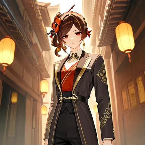 A male character inspired by Chiori from Genshin Impact,  with brown hair,  RED EYES, modern elegant Asian style clothing and earring