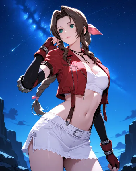 1 girl, solo, cowboy shot, final fantasy 7, masterpiece, best quality, ultra detailed, outdoor, night, starry sky, BREAK, Aerith Gainsborough, BREAK, tifa lockhart clothes,