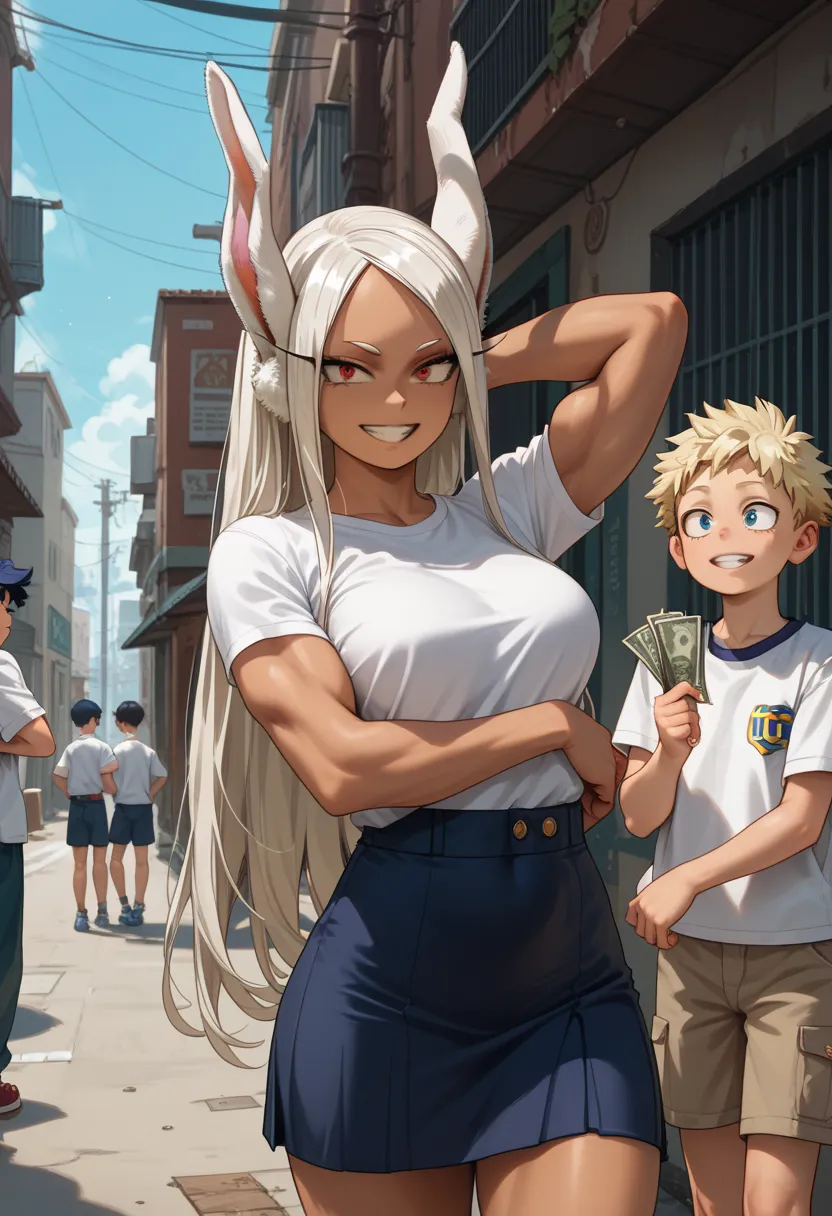 in an alley, shota, shotacon, five boys, boys are handing money to a woman, hot woman, she is smiling, Mirko Boku no hero academia, she is wearing a white t-shirt and a secretary skirt 
