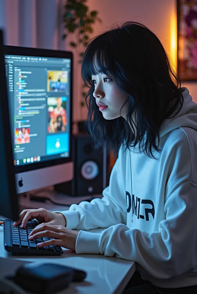 10-meter realistic portrait of a beautiful 22-year-old girl sitting programming on her computer in her technology-themed room, wearing a large all-white sweatshirt written DMZR, She has black hair from Latin decadence