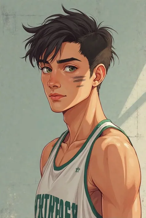 Create an image

a healthy guy who was into volleyball, he's a little tall, his facial features are a dog scar on his cheek, he also has greenish eyes and is of European descent, brunette, Japanese, 

