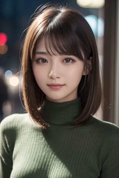 one 19 year old girl, (Dark green turtleneck thin sweater), Raw photo, highest quality, photorealistic, very delicate and beautiful, very detailed, 8K wallpaper, High resolution, soft light, very detailed目と顔, beautifully detailed nose, detailed and beautif...