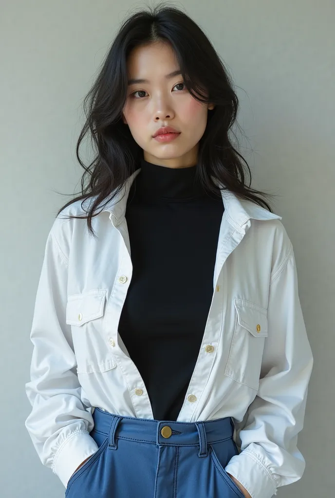 Create a 25-year-old Asian girl, medium black hair,  black eyes, With a face it would be, wearing a black turtleneck top, with an unfastened white shirt, blue cargo pants and white shoes, Solo cara